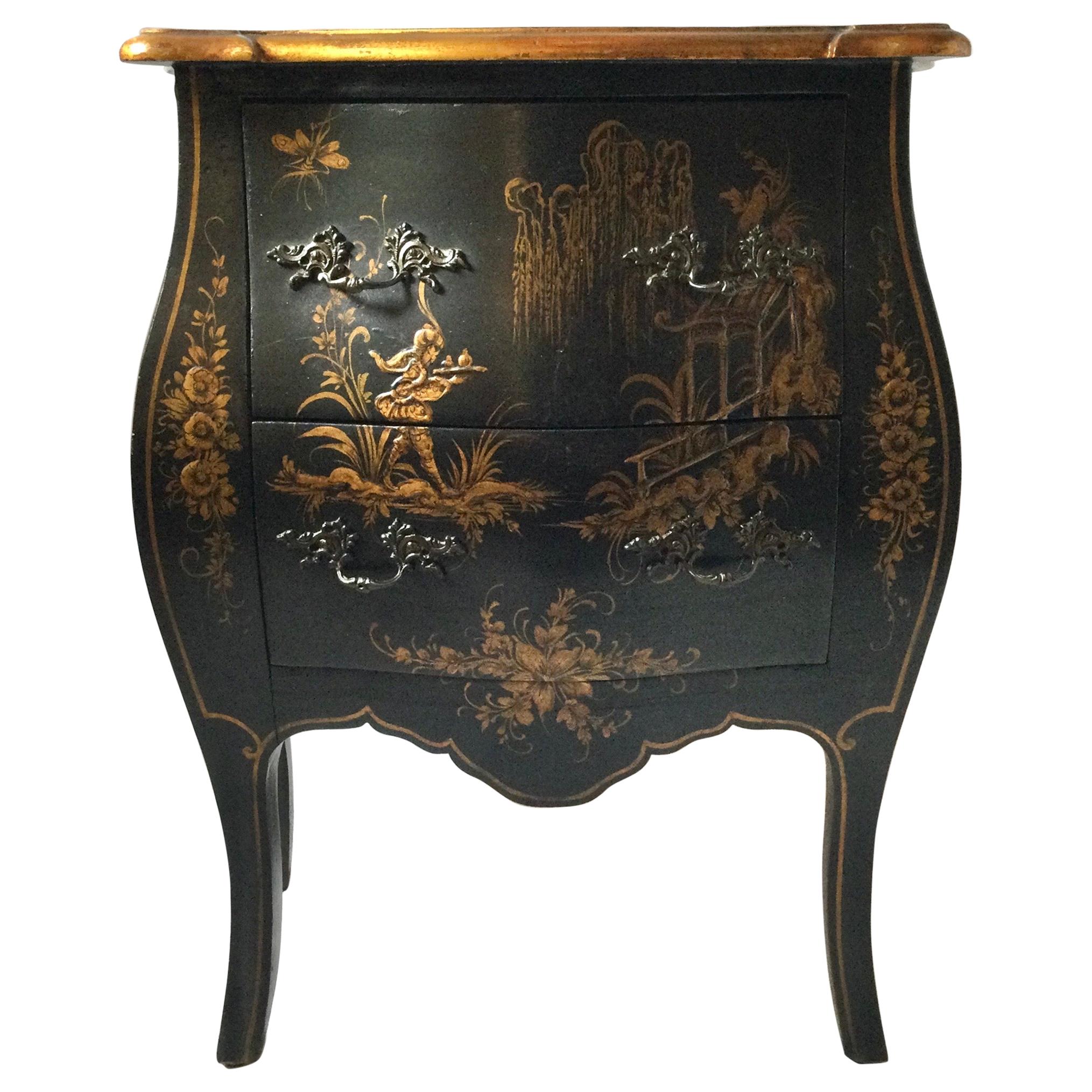 Japanese Chinoiserie Black Painted Two Draw Small Bombay Chest