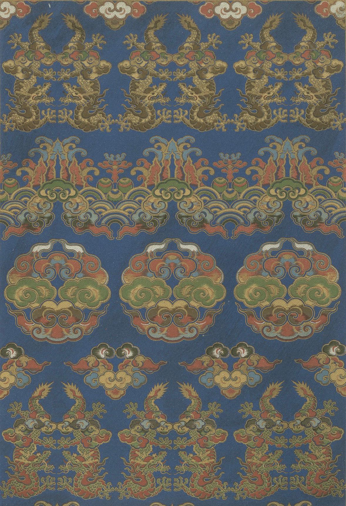 Papier Motifs japonais de chrysanthèmes et de nuages : Lithographie ancienne, années 1880 en vente