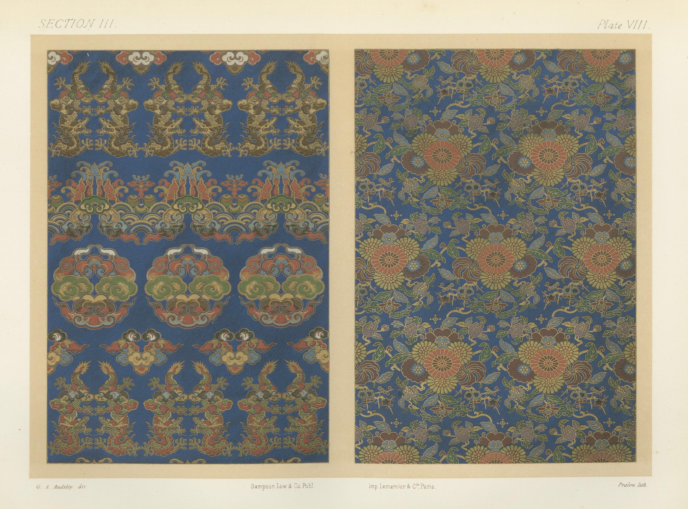 Motifs japonais de chrysanthèmes et de nuages : Lithographie ancienne, années 1880 en vente 1