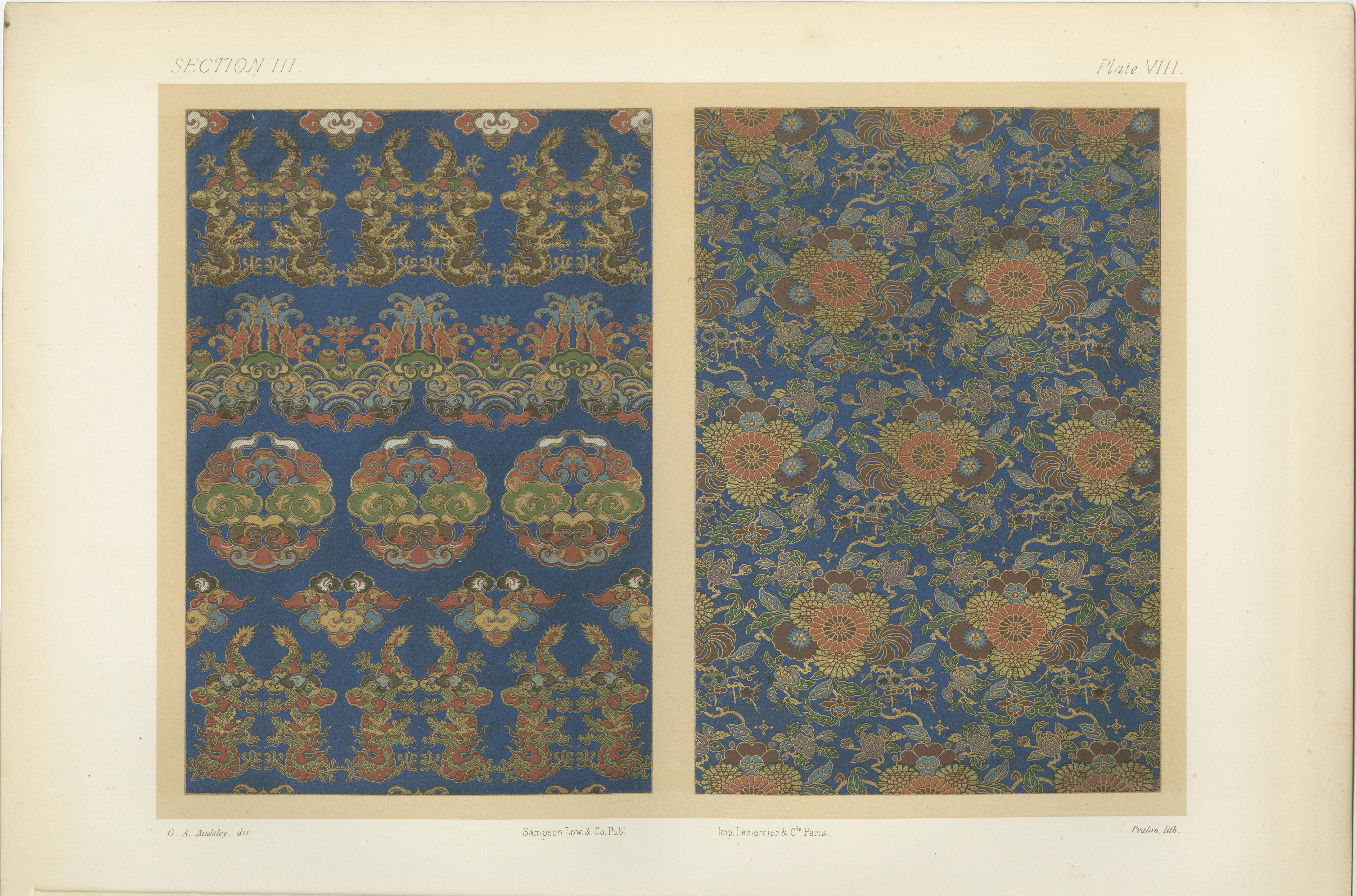 Motifs japonais de chrysanthèmes et de nuages : Lithographie ancienne, années 1880 en vente 2