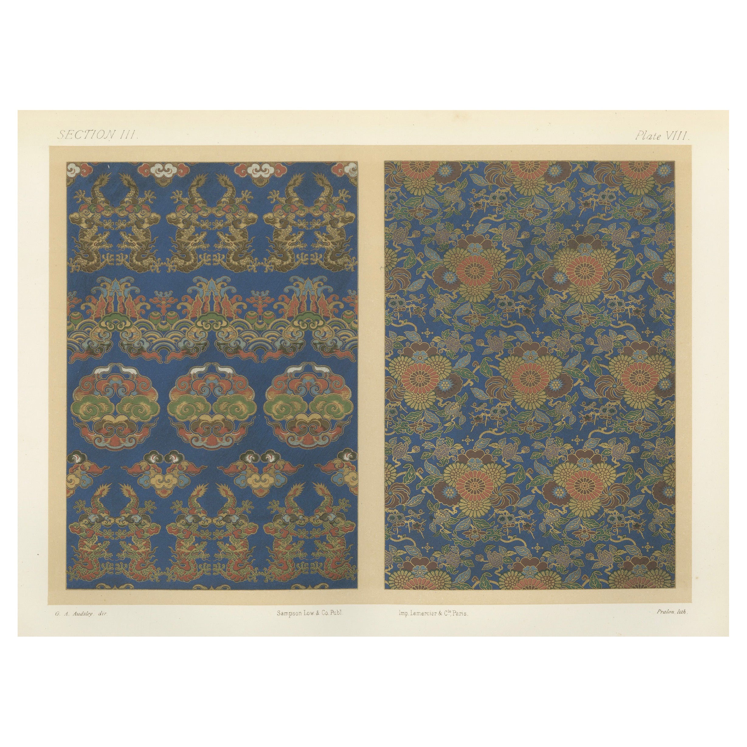 Japanese Chrysanthemum and Cloud Patterns: Antique Lithograph, 1880s For Sale