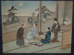 JAPANESE CIR 1920 WOODBLOCK TRIPTYCH WATERCOLOUR PRINT OF GEISHA GIRL & NOBLEs