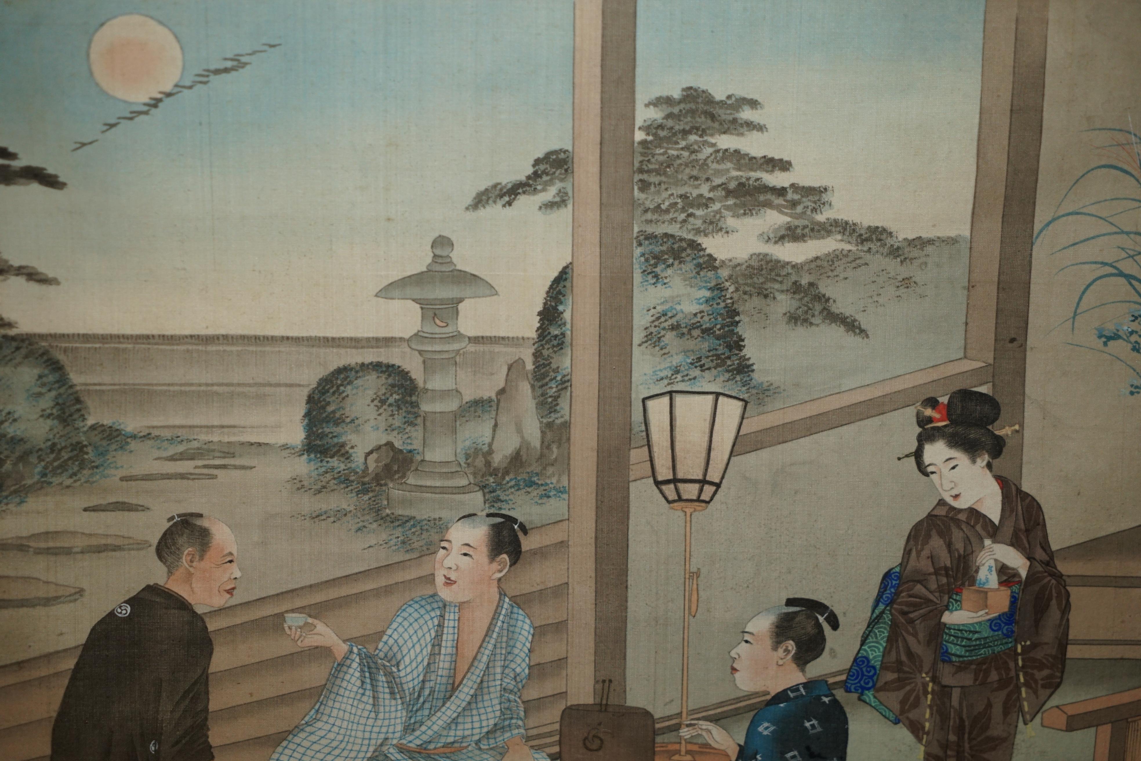 Hand-Crafted JAPANESE CIR 1920 WOODBLOCK TRIPTYCH WATERCOLOUR PRINT OF GEISHA GIRL & NOBLEs For Sale