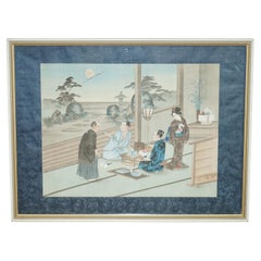 JAPANESE CIR 1920 WOODBLOCK TRIPTYCH WATERCOLOUR PRINT OF GEISHA GIRL & NOBLEs