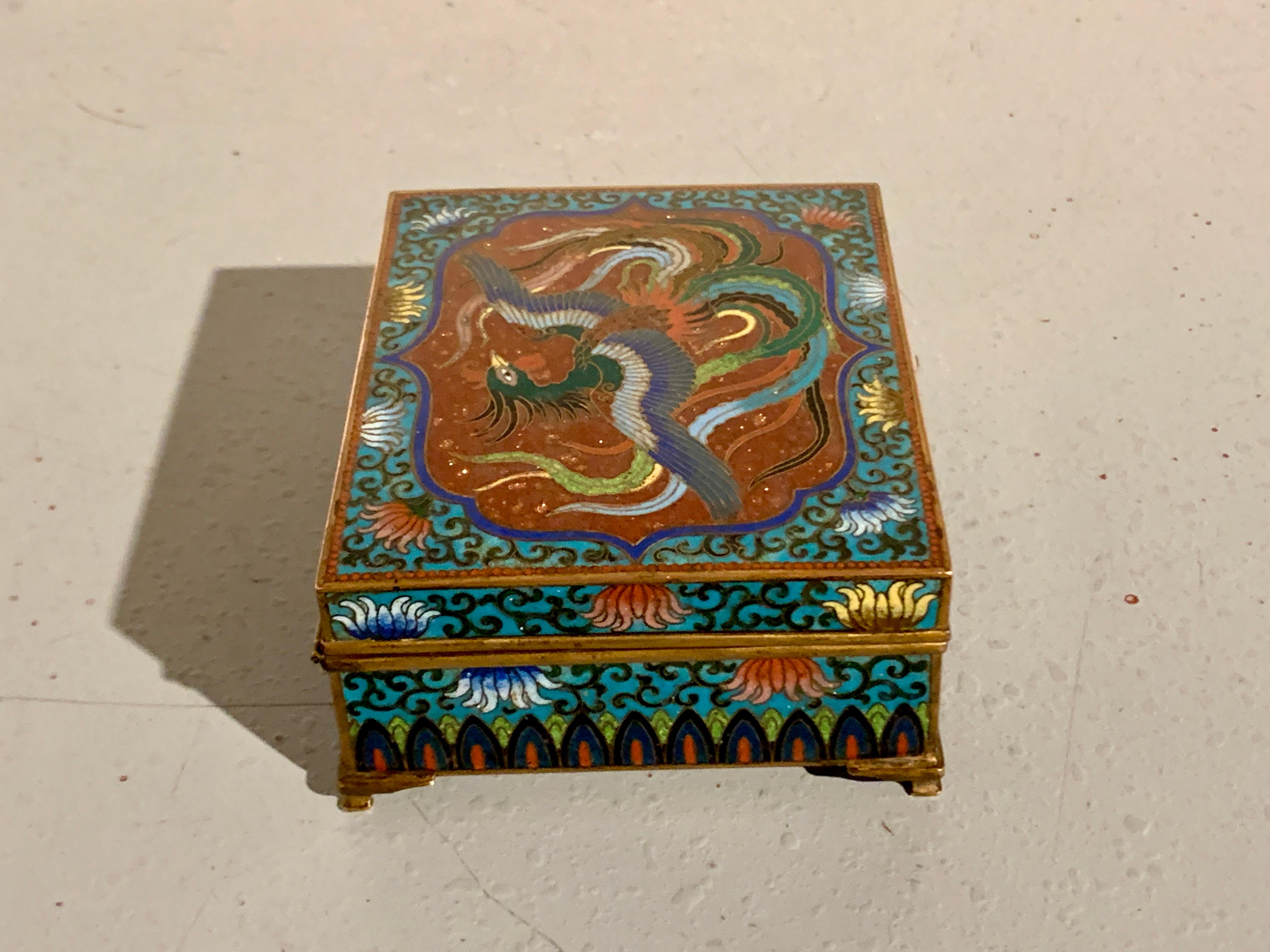 Japanese Cloisonne and Goldstone Phoenix Box, Meiji Period, Japan In Good Condition In Austin, TX