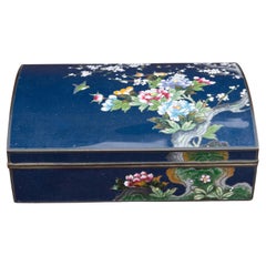 Japanese Inaba Cloisonné Box Deep Blue with Floral Decoration 