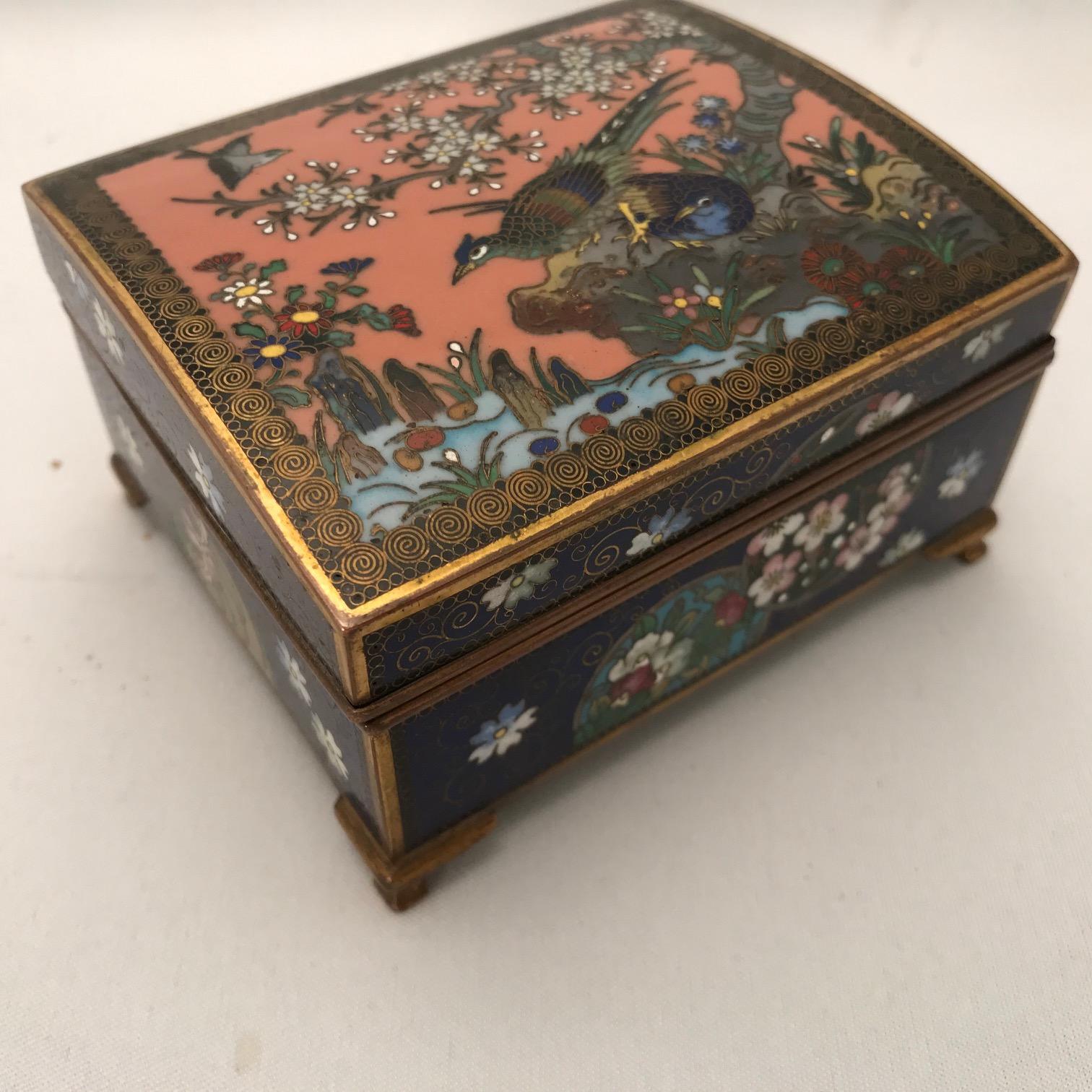 Brass Japanese Cloisonné Box with Birds and Flowers