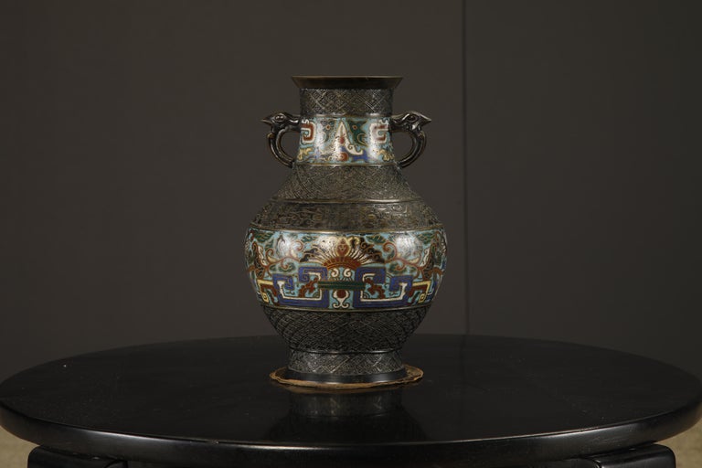 Japanese Cloisonné Bronze Vase with Archaistic Bird Handles, c
