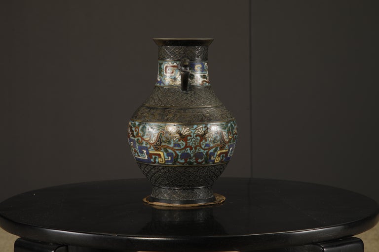 Japanese Cloisonné Bronze Vase with Archaistic Bird Handles, c
