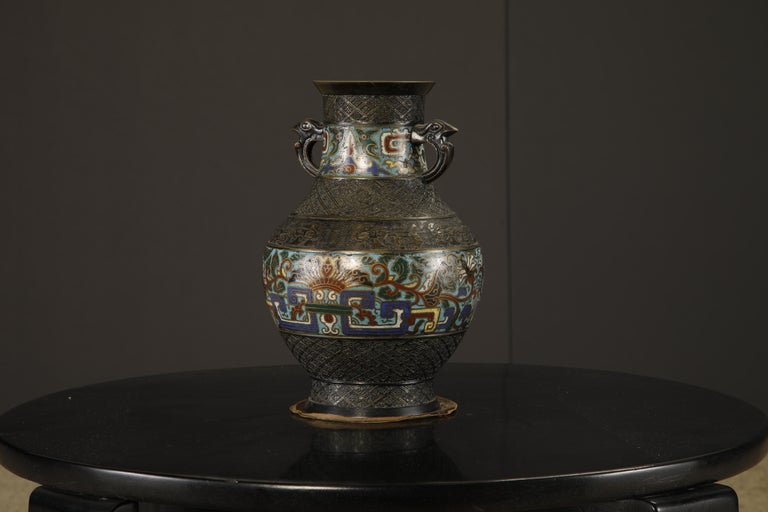 Japanese Cloisonné Bronze Vase with Archaistic Bird Handles, c