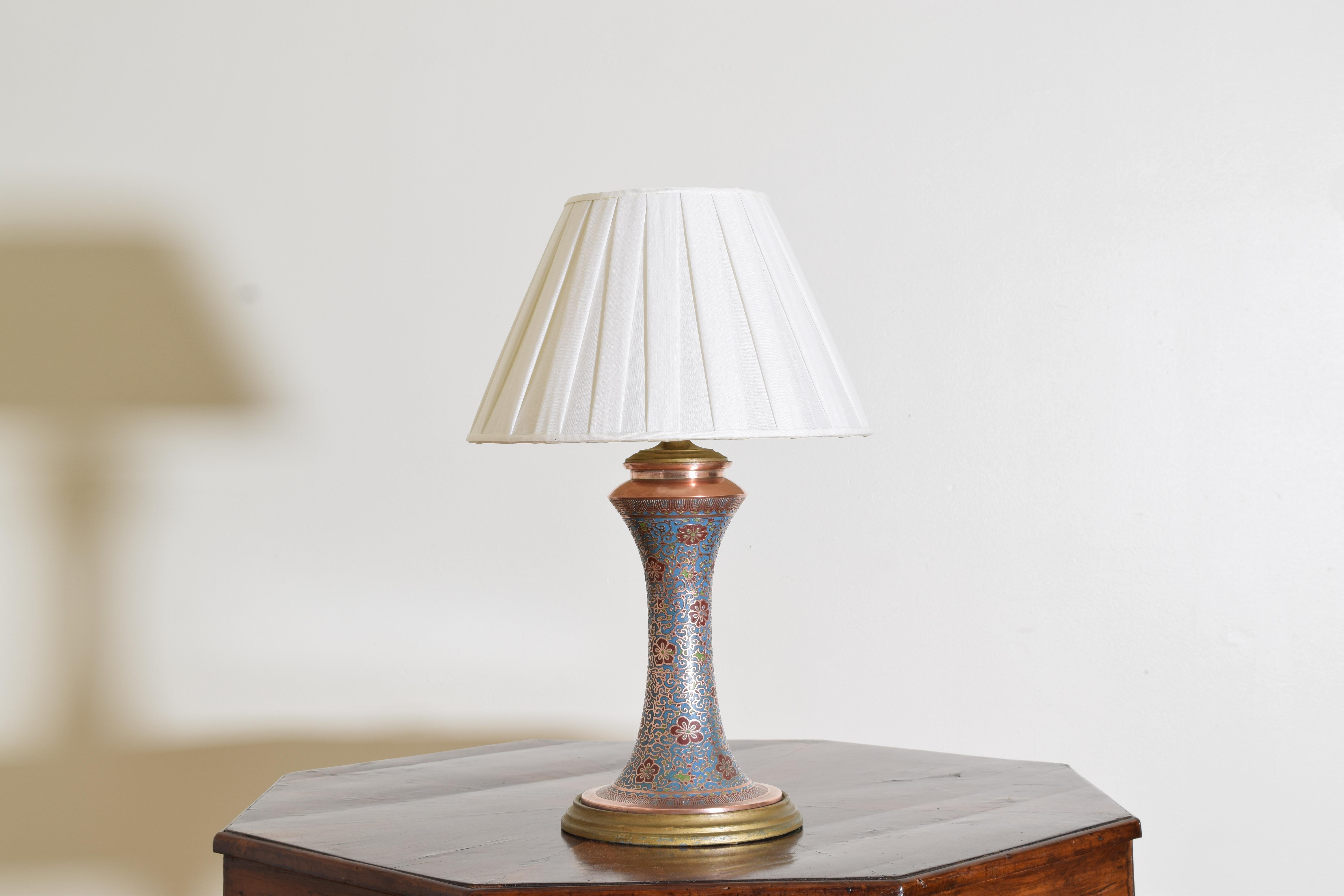 beautifully crafted cloisonne on copper lamp mounted on a giltwood base, vivid enamel colors.