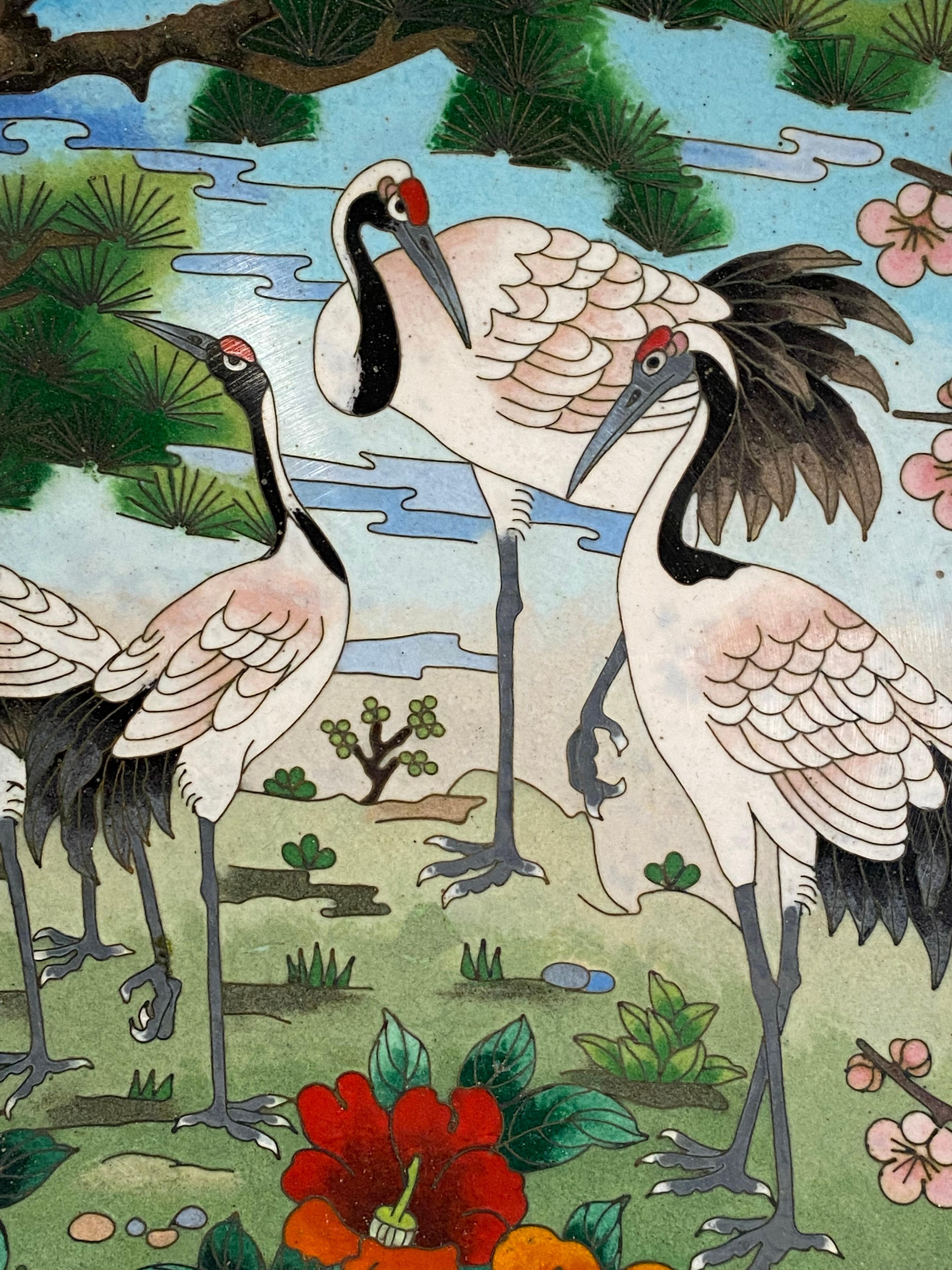 Japanese Cloisonne Crane Decorated Plate In Good Condition In Garnerville, NY
