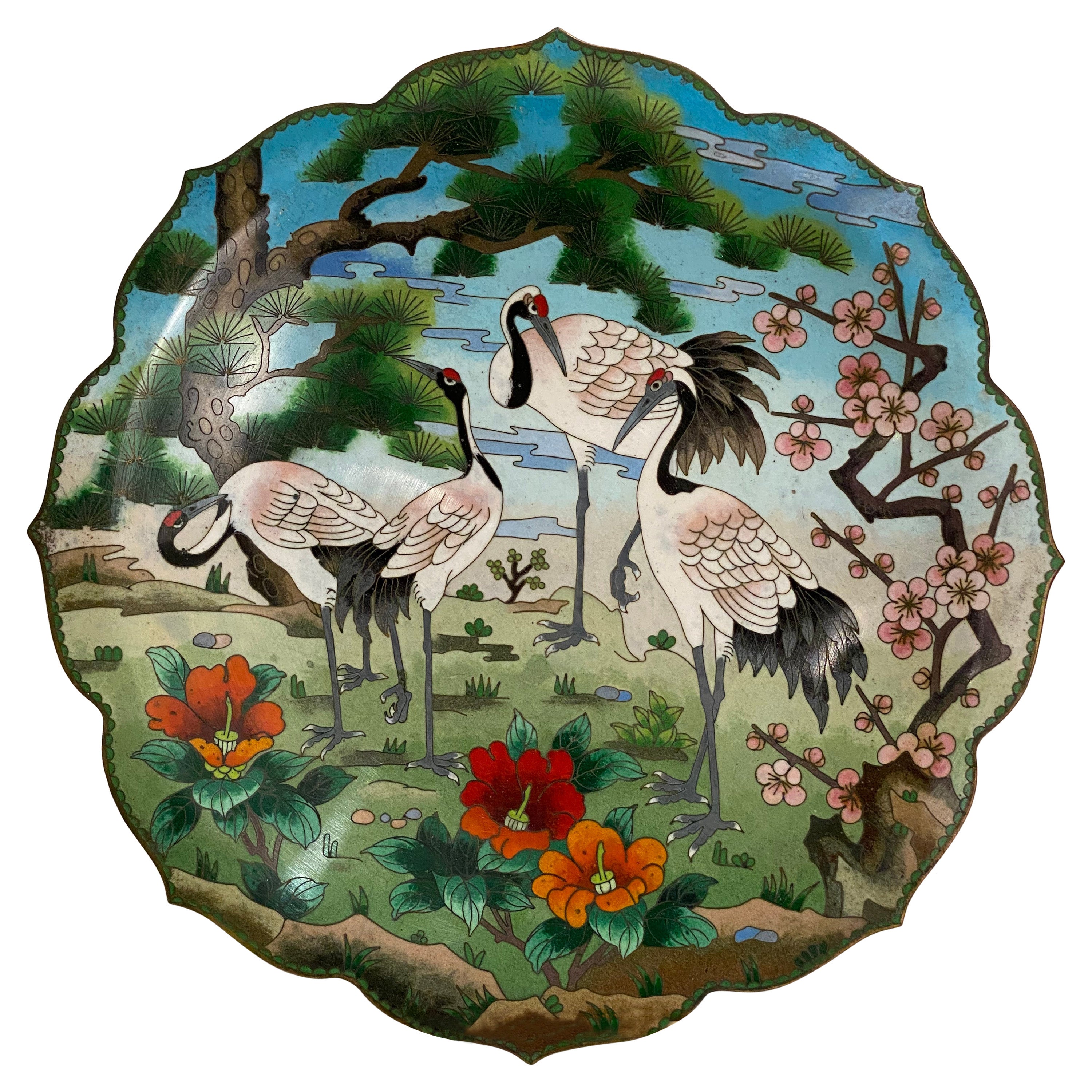 Japanese Cloisonne Crane Decorated Plate