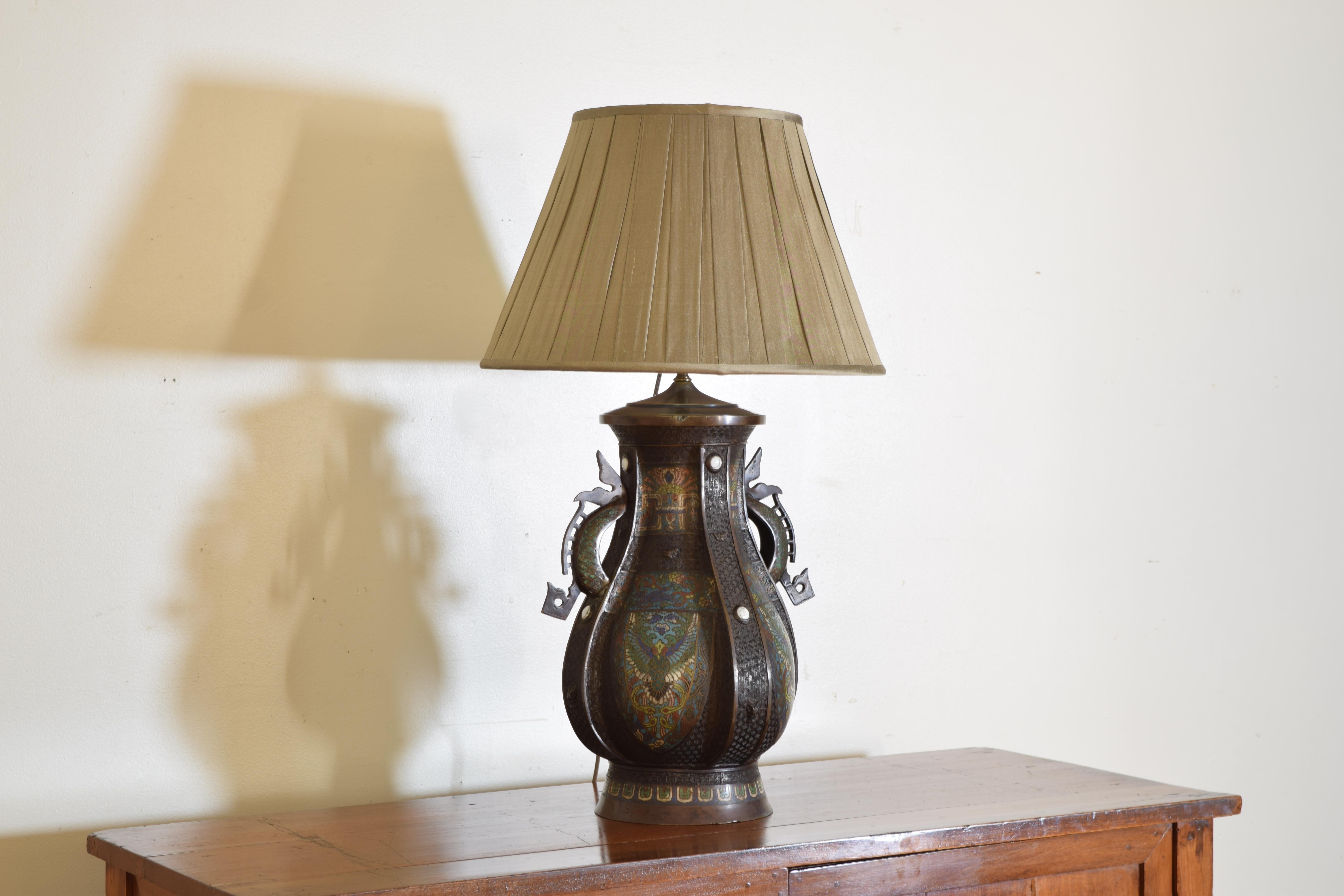 Japanese Cloisonné Dragon Handle Vase Mounted as a Table Lamp, ca. 1900 In Good Condition For Sale In Atlanta, GA