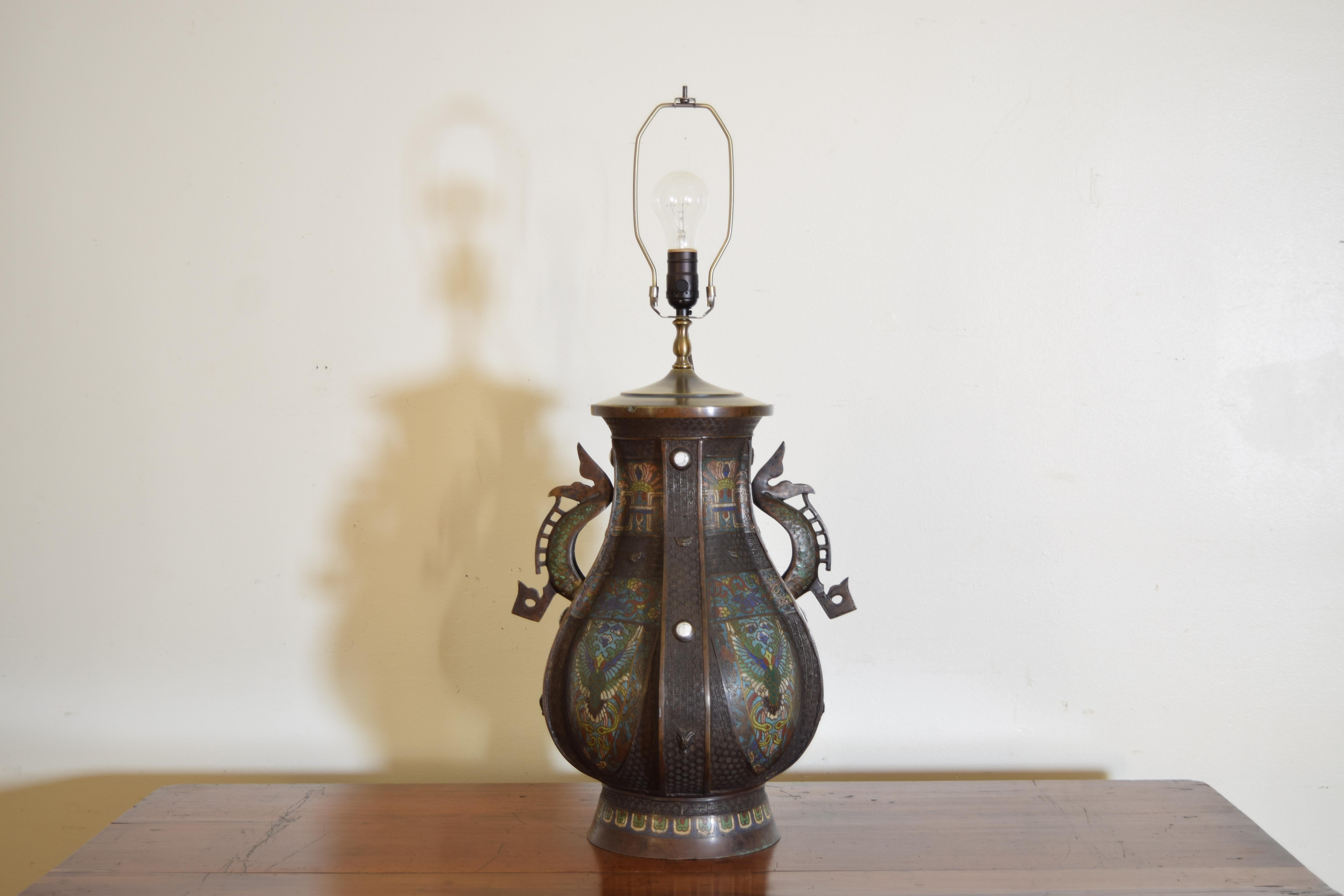 Early 20th Century Japanese Cloisonné Dragon Handle Vase Mounted as a Table Lamp, ca. 1900 For Sale