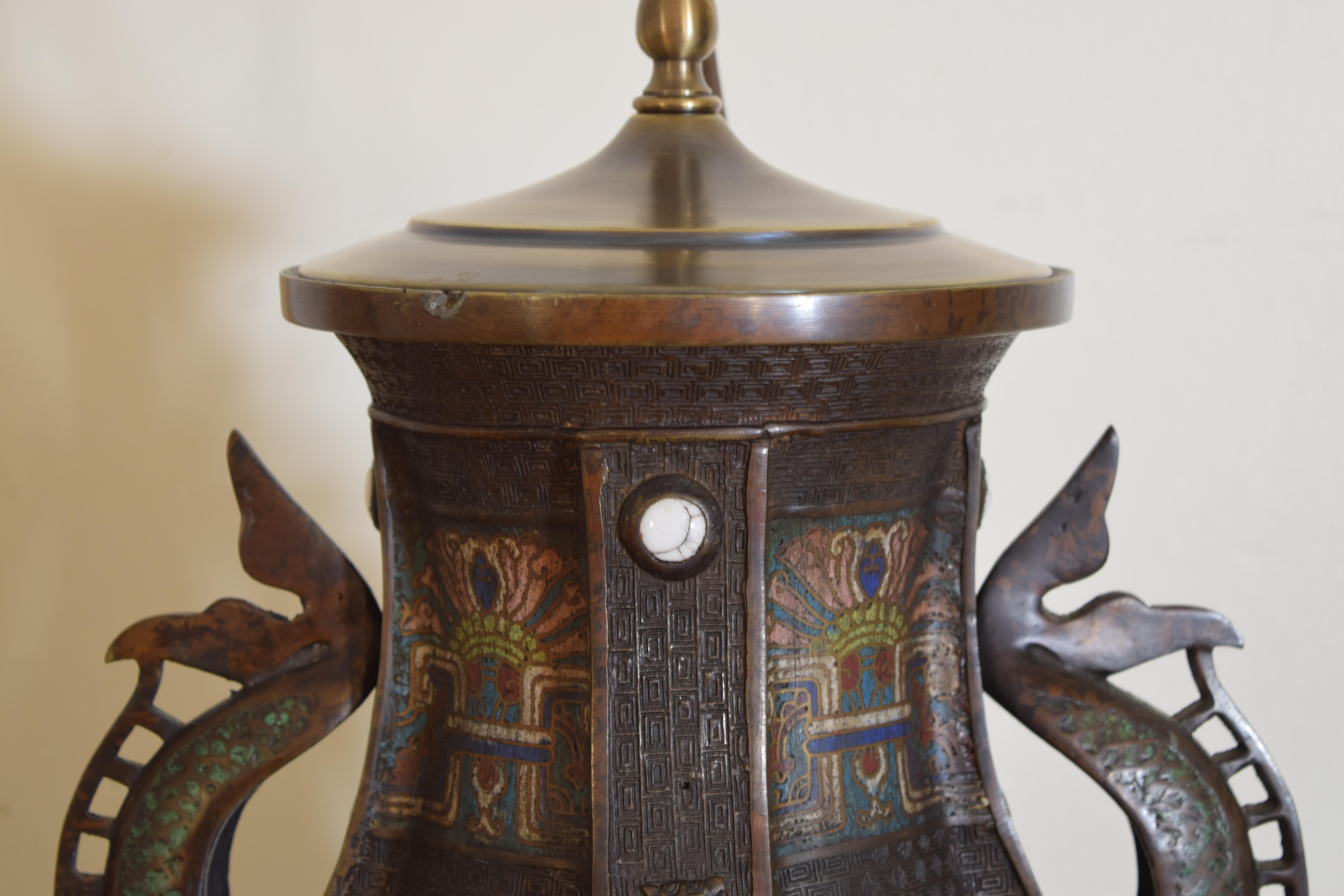 Bronze Japanese Cloisonné Dragon Handle Vase Mounted as a Table Lamp, ca. 1900 For Sale
