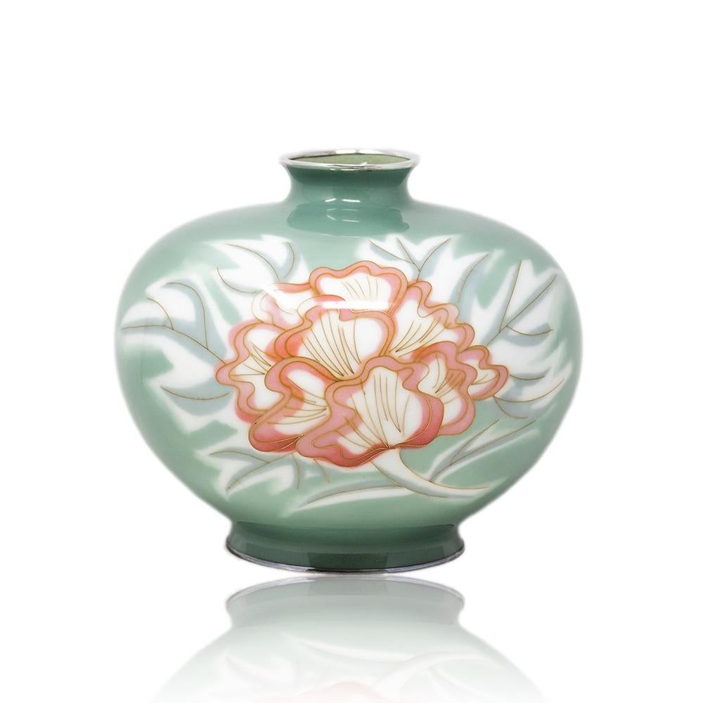 Art Deco Japanese Cloisonne Enamel Abstract Flower Vase with Silver Rims by Ando Company