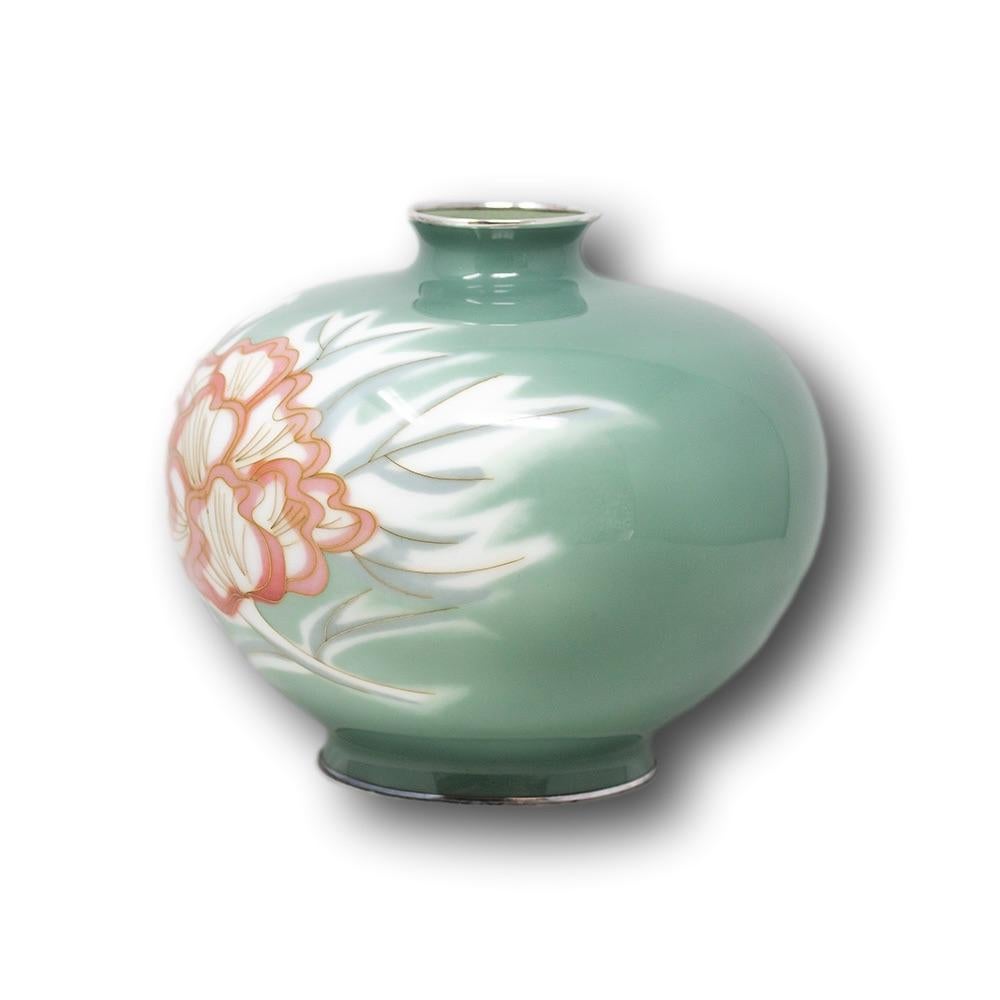 Enameled Japanese Cloisonne Enamel Abstract Flower Vase with Silver Rims by Ando Company