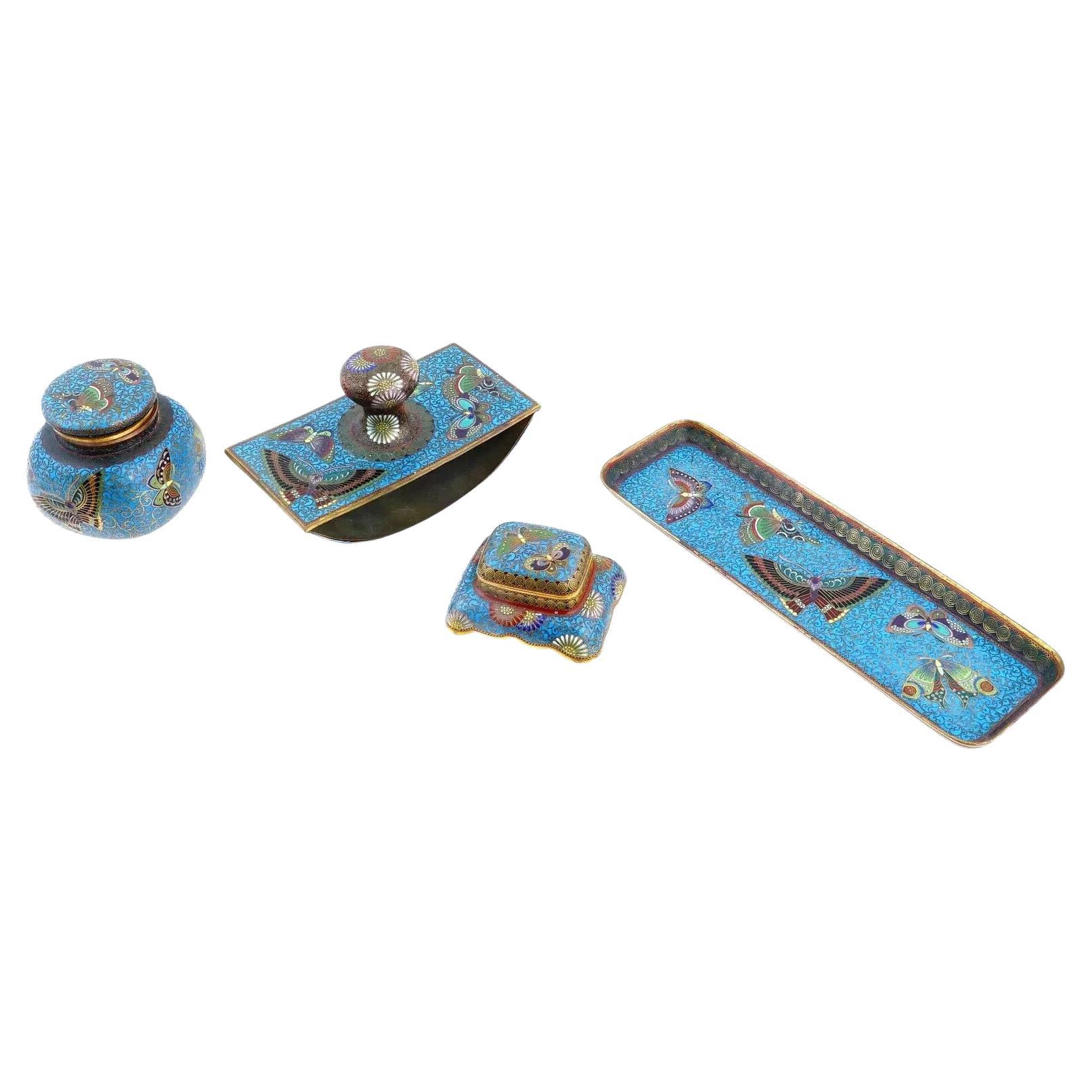 Japanese Cloisonne Enamel Four Piece Writing Desk Set With Butterflies