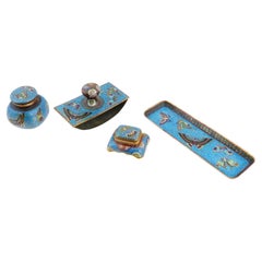 Japanese Cloisonne Enamel Four Piece Writing Desk Set With Butterflies