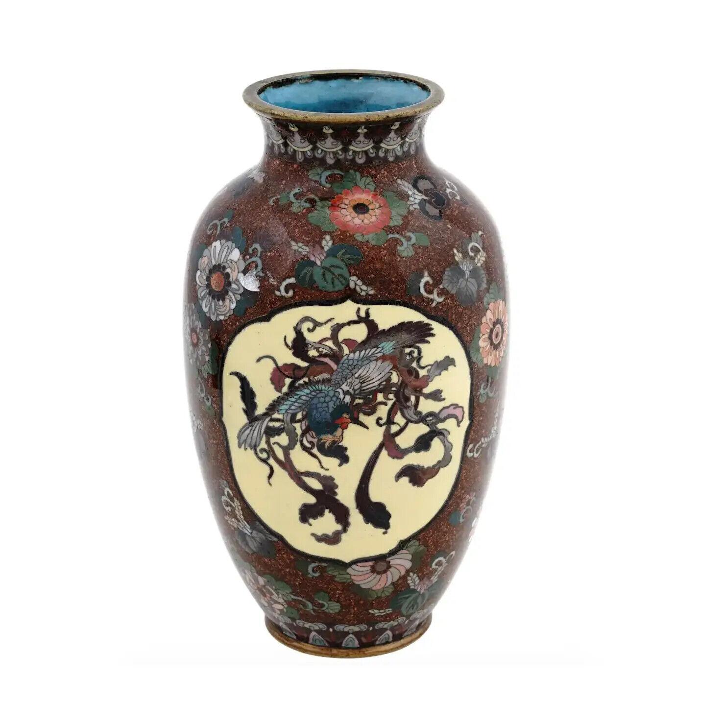 Cloissoné Japanese Cloisonne Enamel Meiji Era Dragon and Phoenix Bird Goldstone Vase For Sale