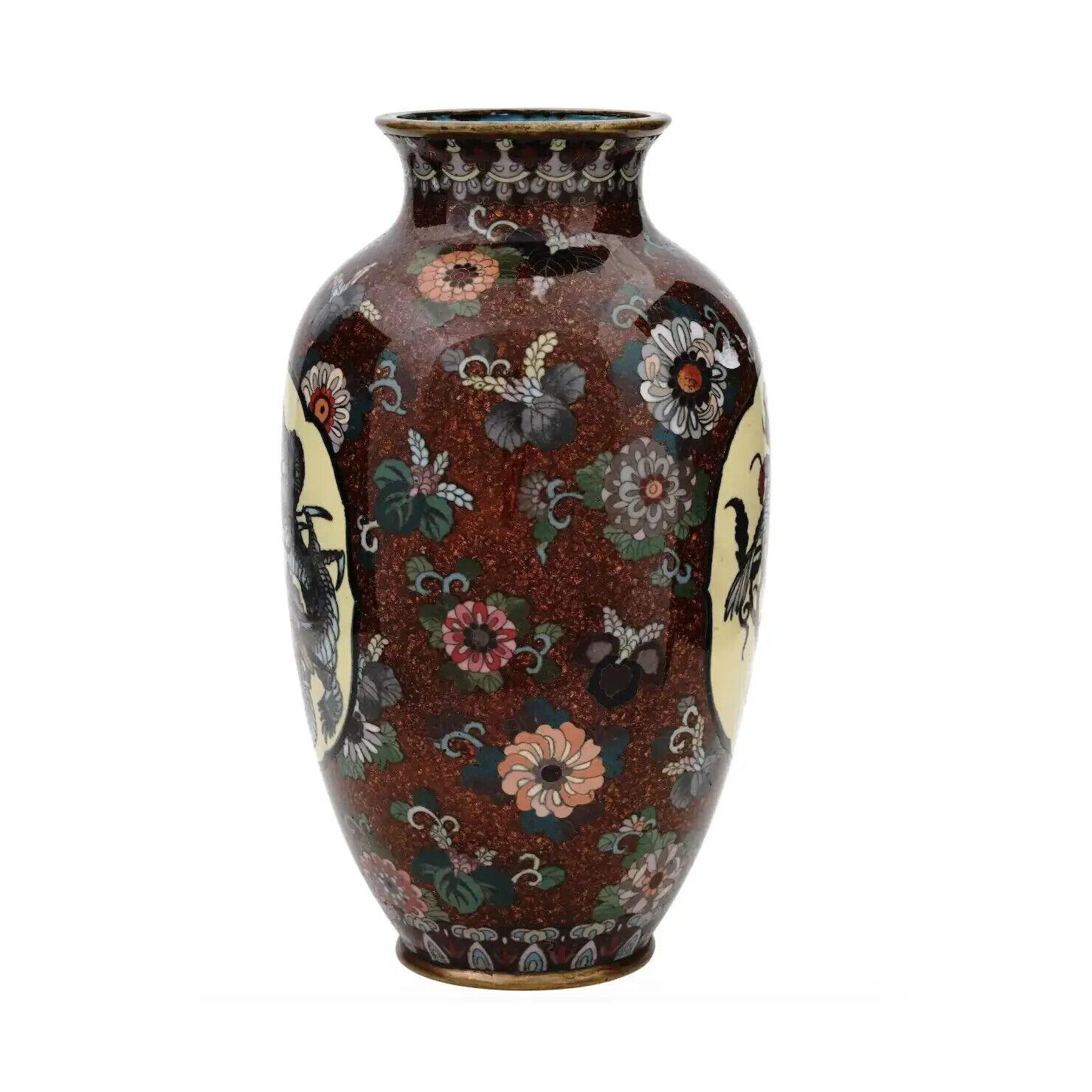 Japanese Cloisonne Enamel Meiji Era Dragon and Phoenix Bird Goldstone Vase In Good Condition For Sale In New York, NY