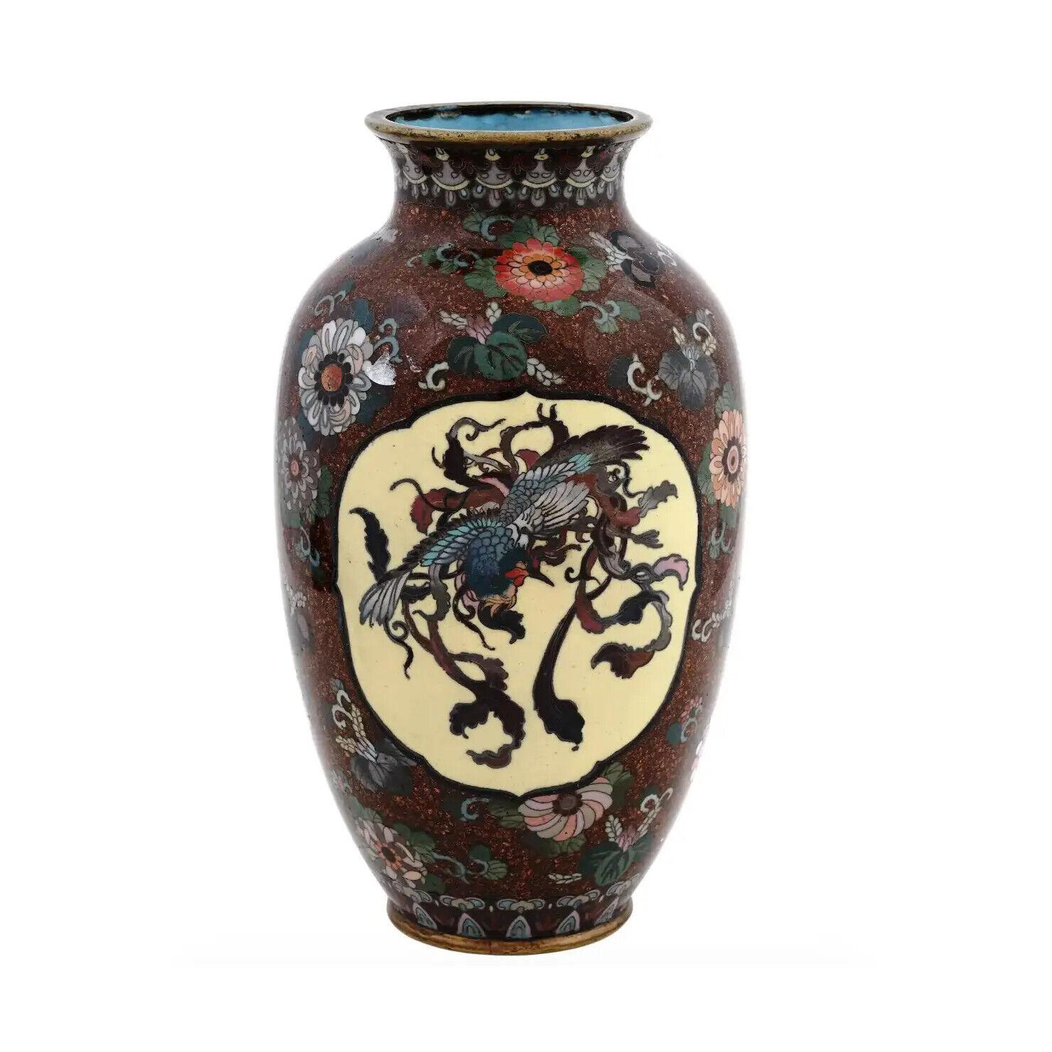19th Century Japanese Cloisonne Enamel Meiji Era Dragon and Phoenix Bird Goldstone Vase For Sale