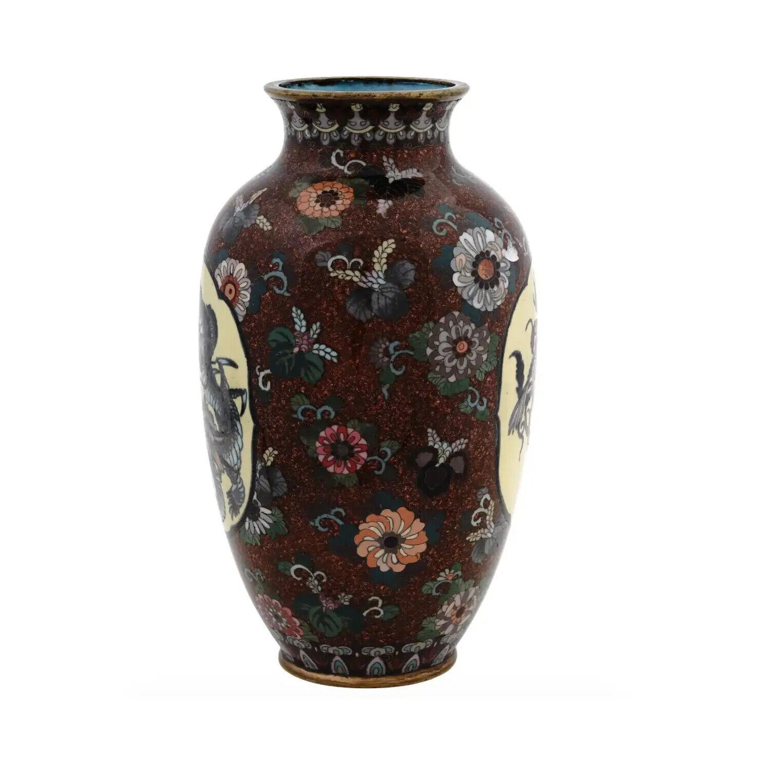 Japanese Cloisonne Enamel Meiji Era Dragon and Phoenix Bird Goldstone Vase For Sale 1