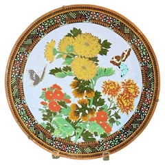 Japanese Cloisonne Enamel Plate with Chrysanthemums Butterflies Lavender Ground