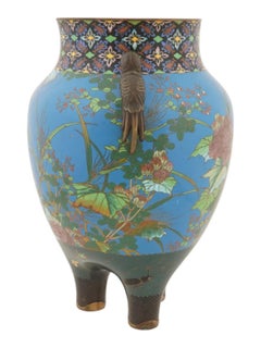 Vase tripode en cloisonné émaillé japonais Période Meiji Oiseau floral