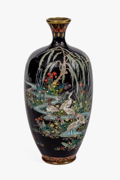 Japanische Cloisonné-Emaille-Vase mit Kranichen, Hayashi Kodenji zugeschrieben