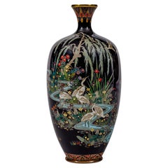 Japanische Cloisonné-Emaille-Vase mit Kranichen, Hayashi Kodenji zugeschrieben