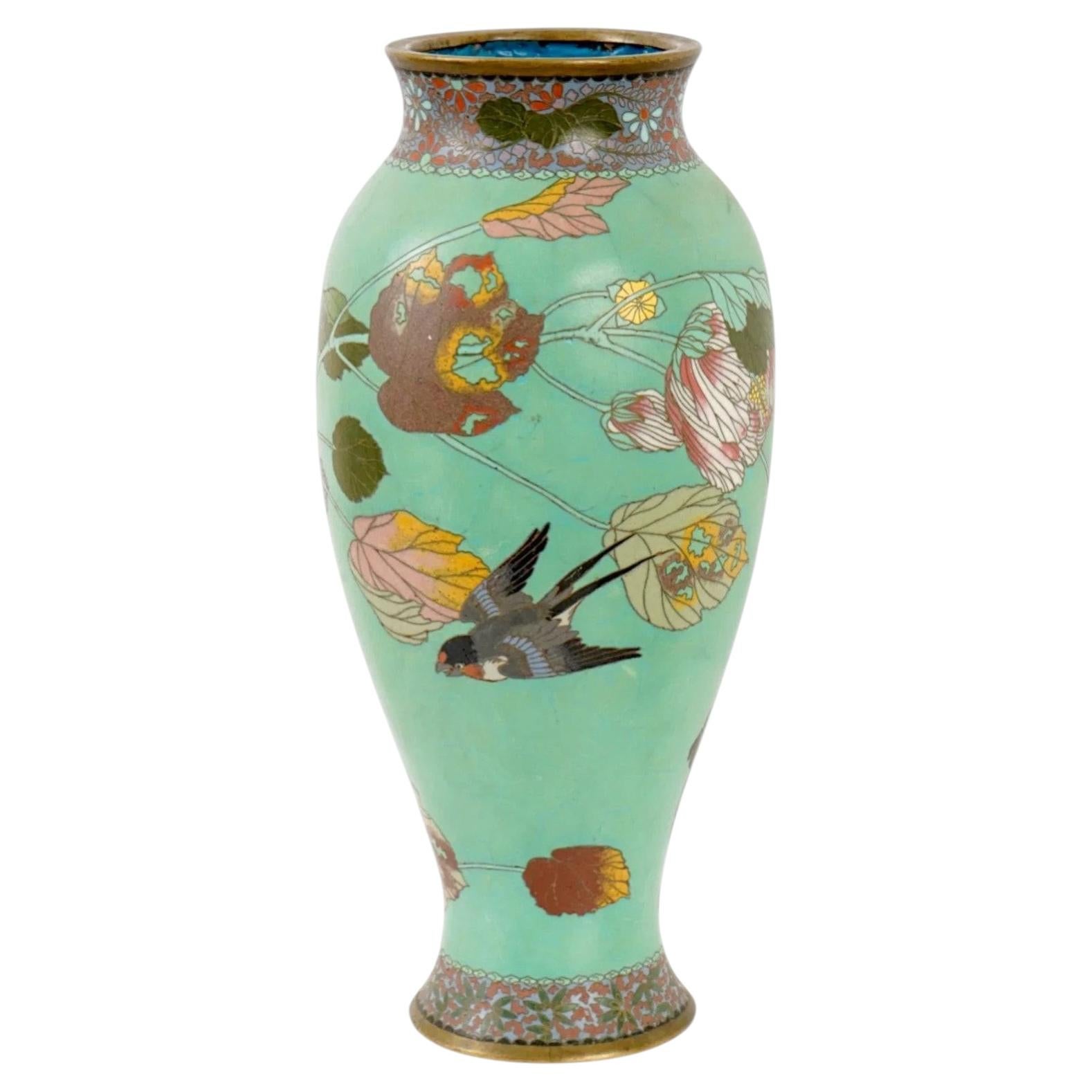 Japanese Cloisonne Enamel Vase Meiji Period Green Ground Bird Floral