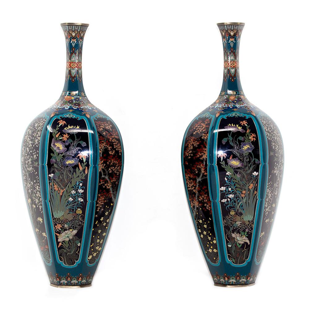 Enameled Japanese Cloisonne Enamel Vase Pair Meiji Period For Sale