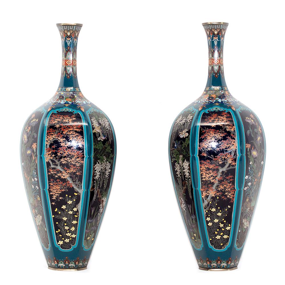 19th Century Japanese Cloisonne Enamel Vase Pair Meiji Period For Sale