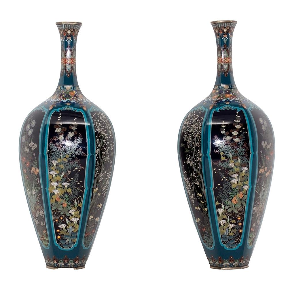 Japanese Cloisonne Enamel Vase Pair Meiji Period For Sale 2