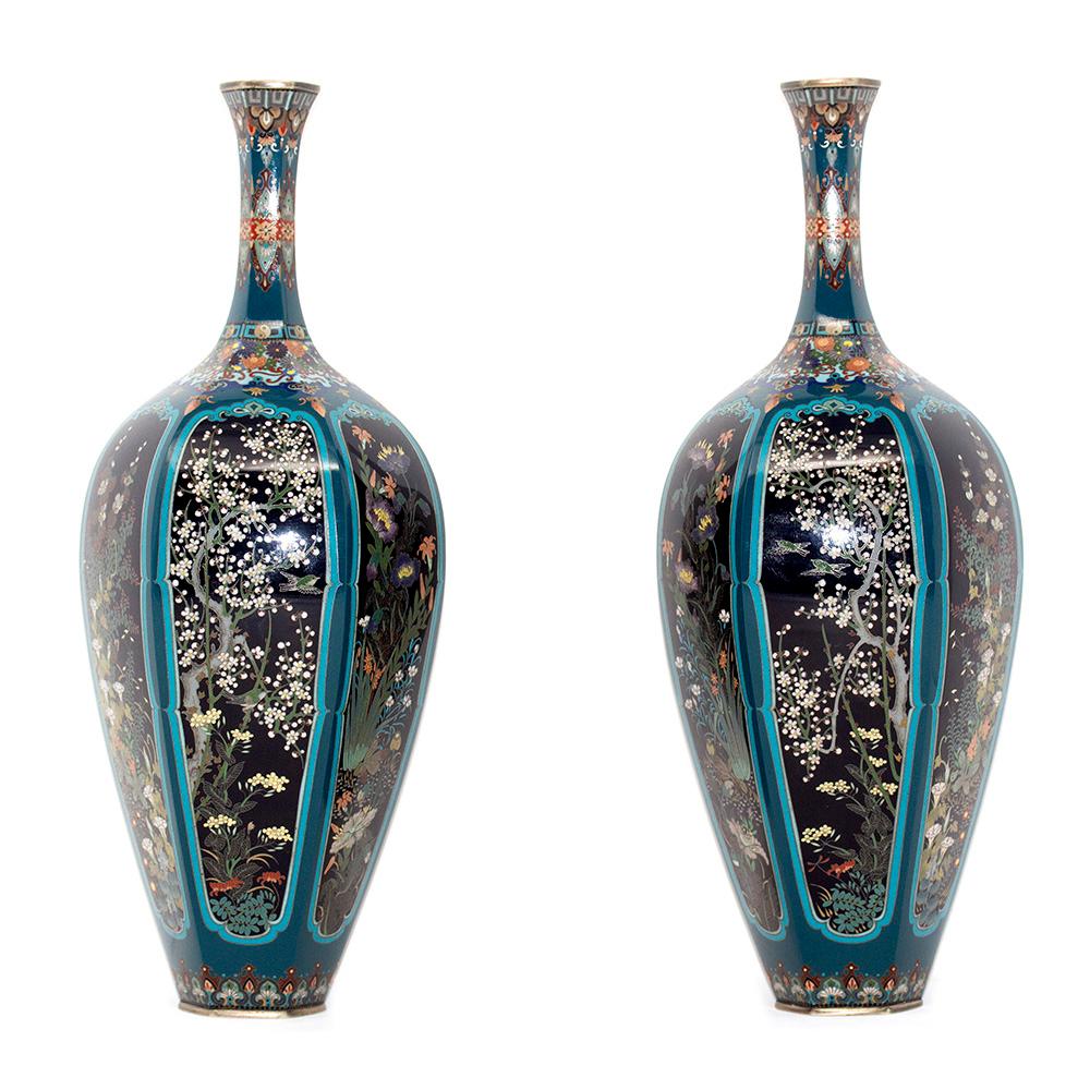 Japanese Cloisonne Enamel Vase Pair Meiji Period For Sale 3