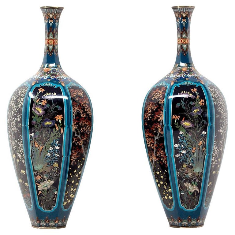 Japanese Cloisonne Enamel Vase Pair Meiji Period For Sale at 1stDibs