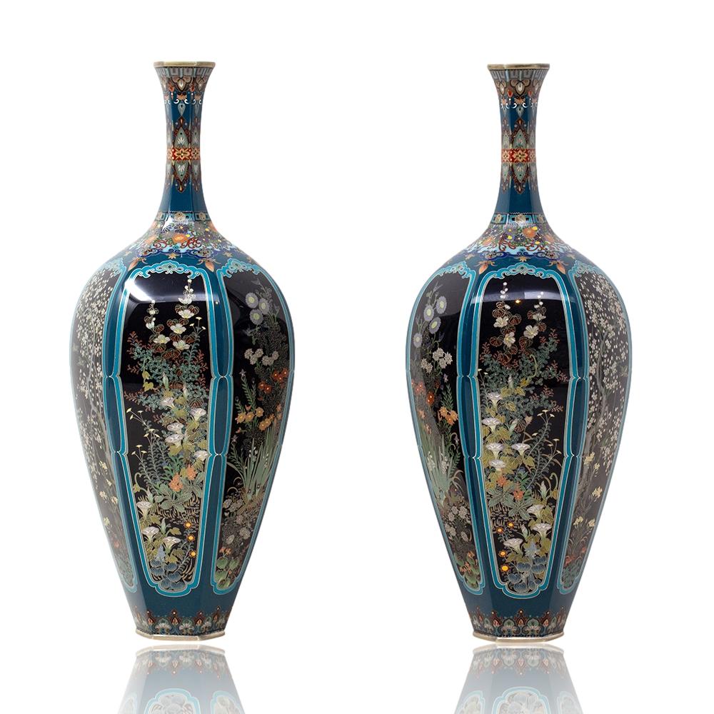XIX secolo Coppia di vasi giapponesi in smalto cloisonné di Ota Hyozo, periodo Meiji in vendita