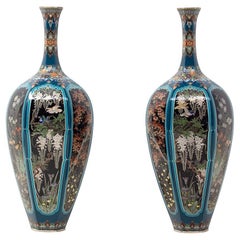 Japanese Cloisonné Enamel Vase Pair by Ota Hyozo, Meiji Period