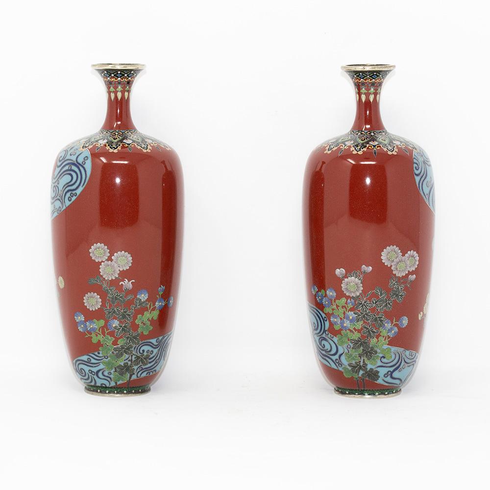 Cloissoné Japanese Cloisonne Enamel Vase Pair Meiji Period