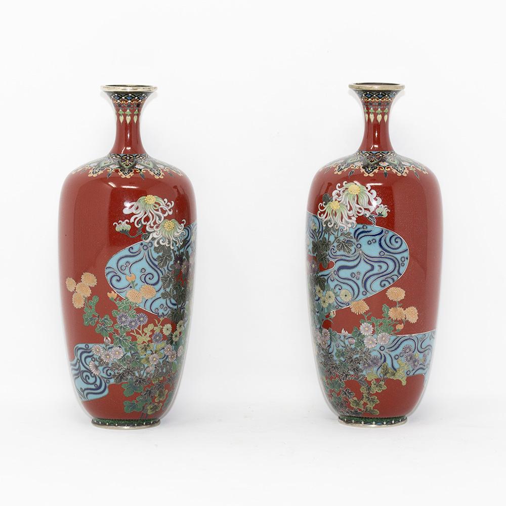19th Century Japanese Cloisonne Enamel Vase Pair Meiji Period