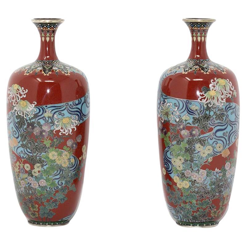 Pair of Antique Meiji Period Japanese Cloisonne Enamel Vases For Sale