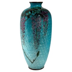 Japanese Cloisonne Enamel Vase Wisteria Ice Blue Ground 7 in Antique Meiji Era
