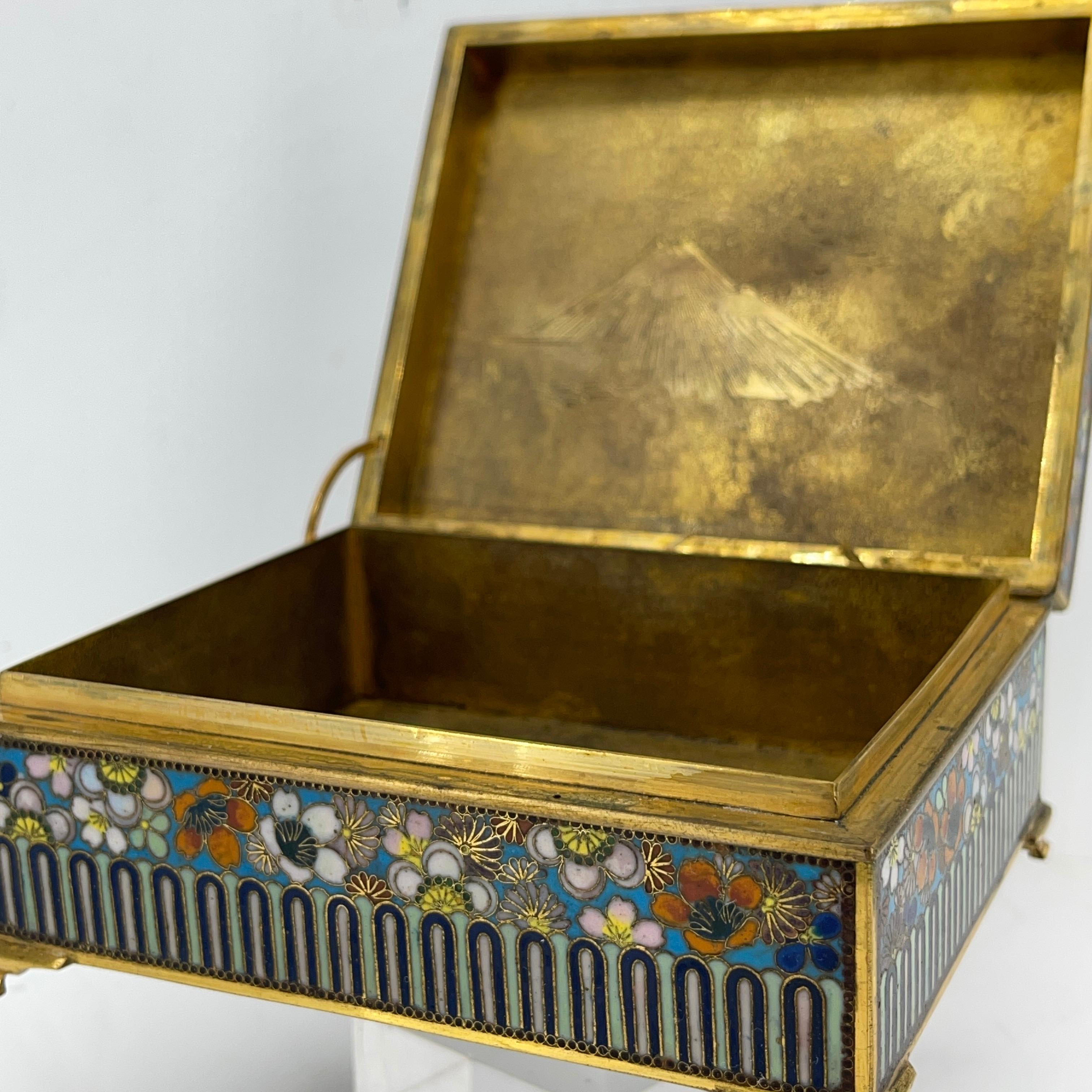 Japanese Cloisonne Jewelry Vanity Box Engraved Bronze Interior 6