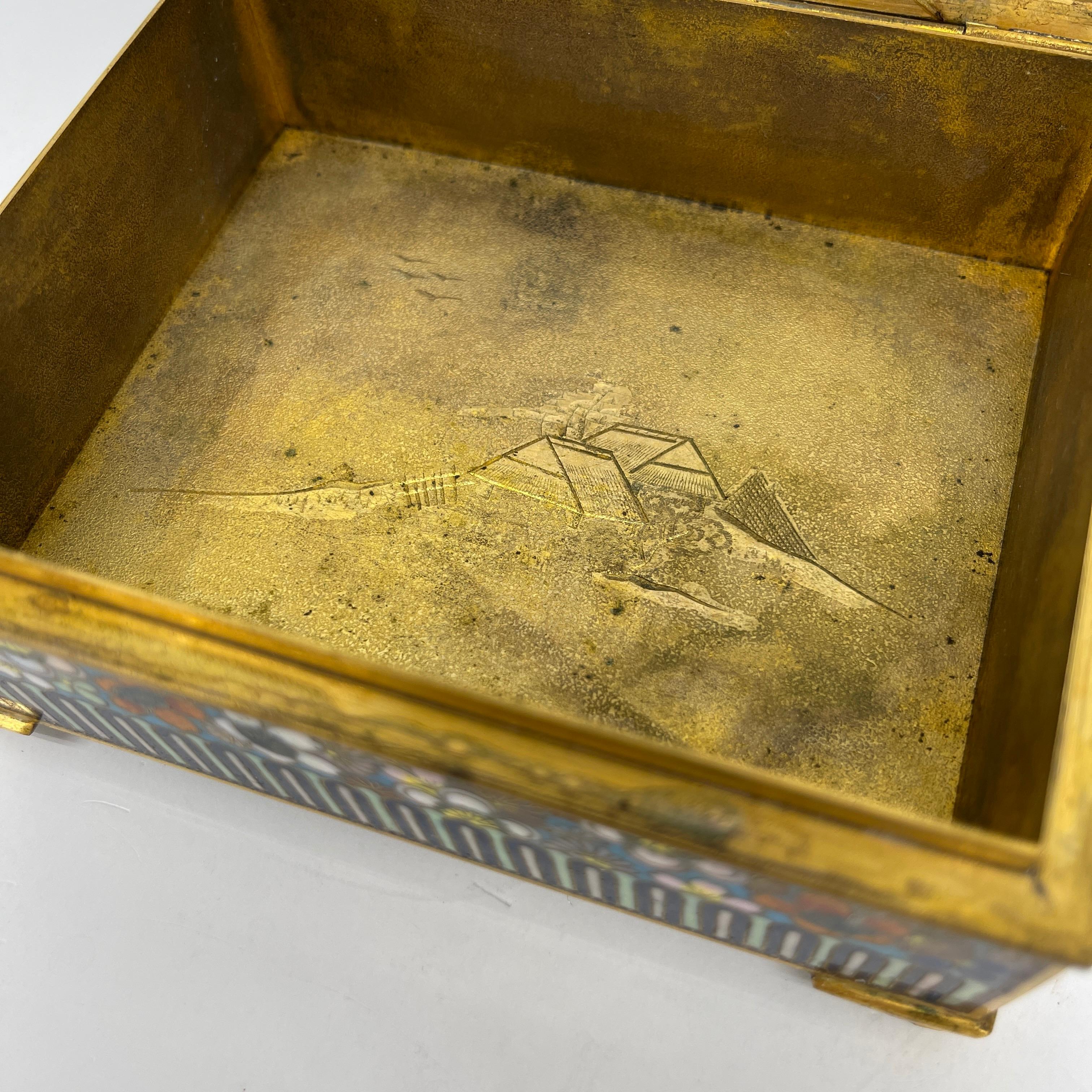 Japanese Cloisonne Jewelry Vanity Box Engraved Bronze Interior 7