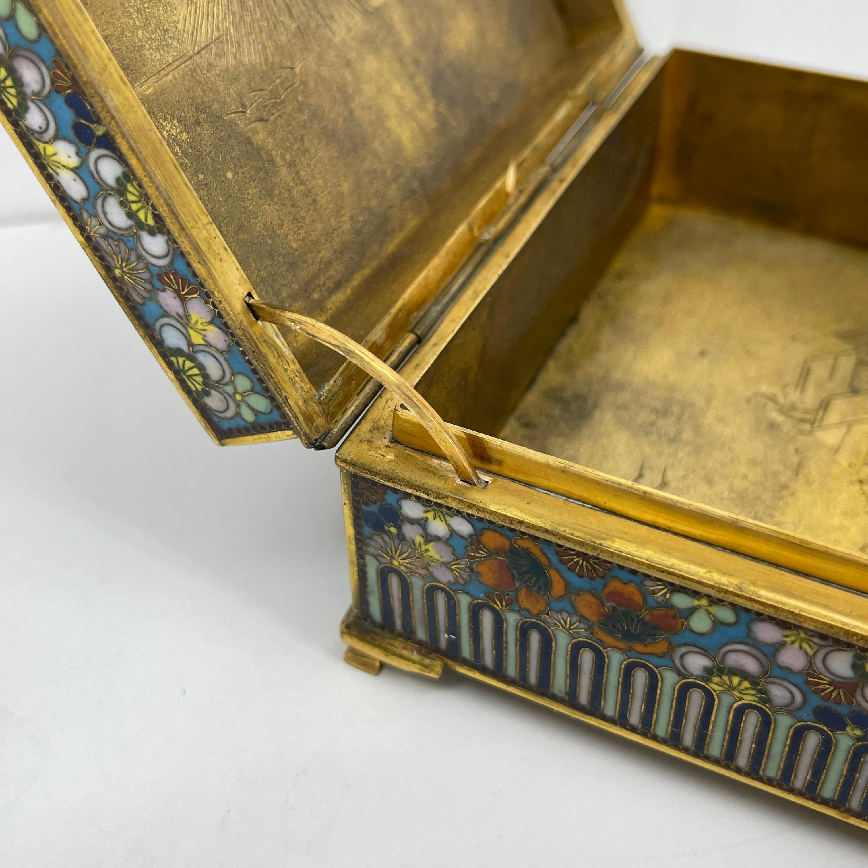 Japanese Cloisonne Jewelry Vanity Box Engraved Bronze Interior 8