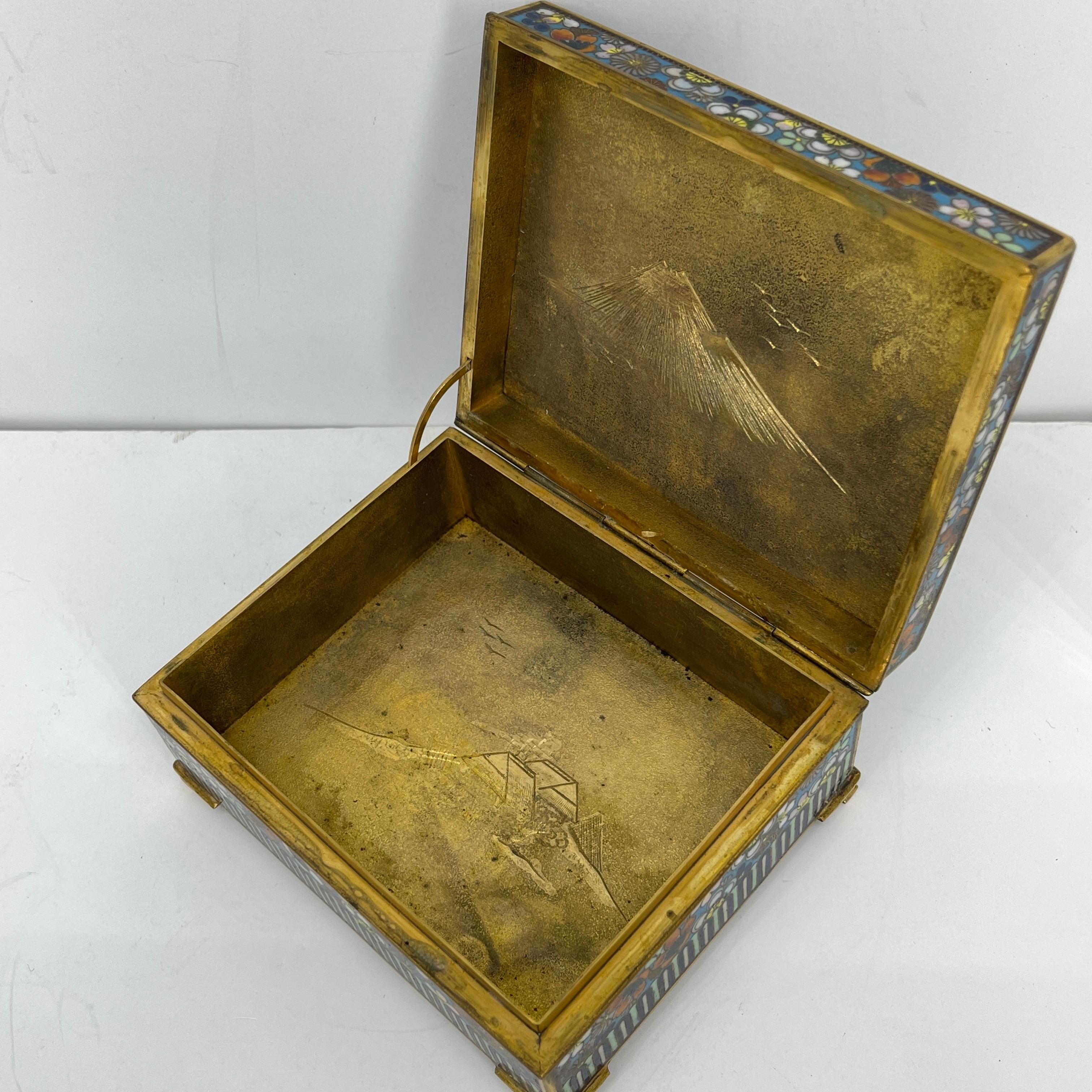 Japanese Cloisonne Jewelry Vanity Box Engraved Bronze Interior 9