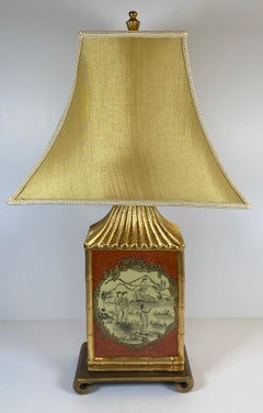 Sculpted Wood Japanese Style Lamp with Silk Shade, Red & Gold