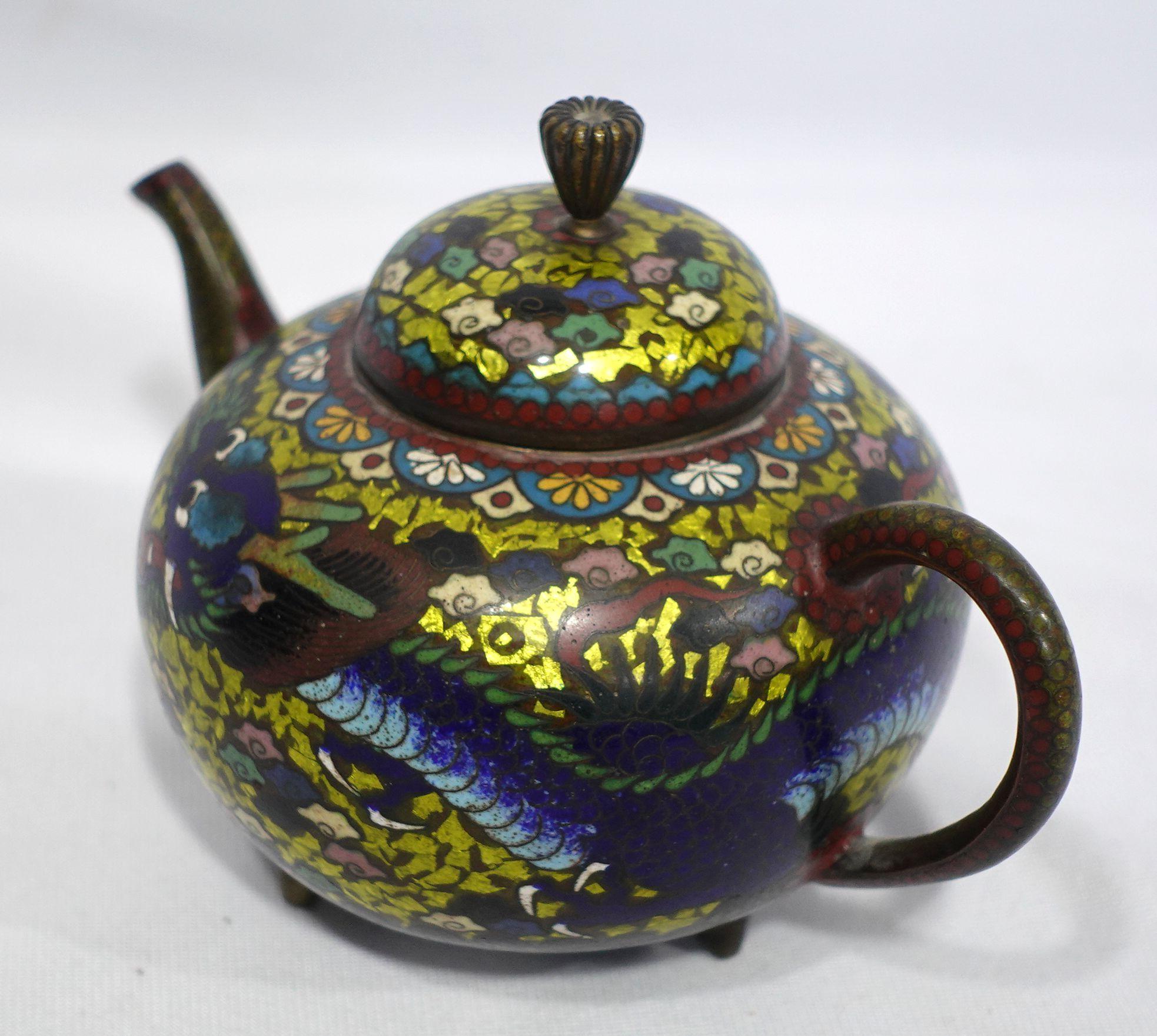 Hand-Crafted Antique Japanese Cloisonné Meiji Period Dragon Footed Teapot CO#04 For Sale